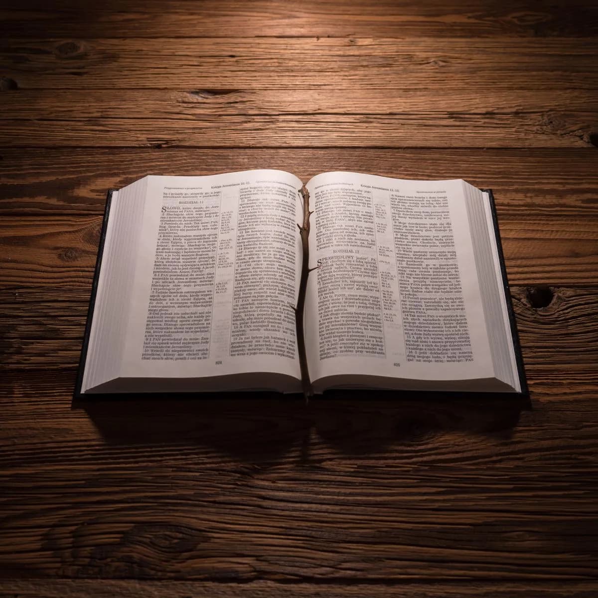 An open Bible resting on a wooden table